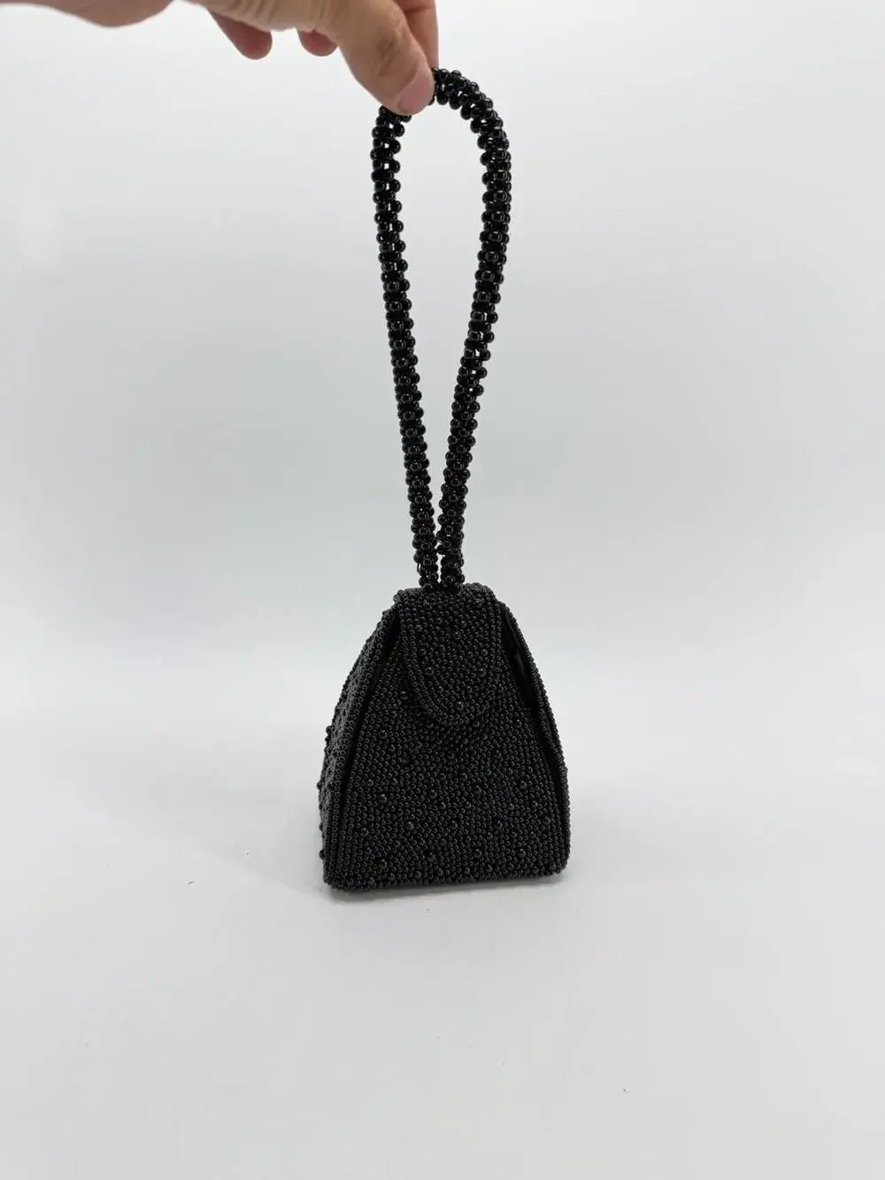 Carlo Fellini Black Beaded Mini Evening Bag Purse Formal Beaded Handle